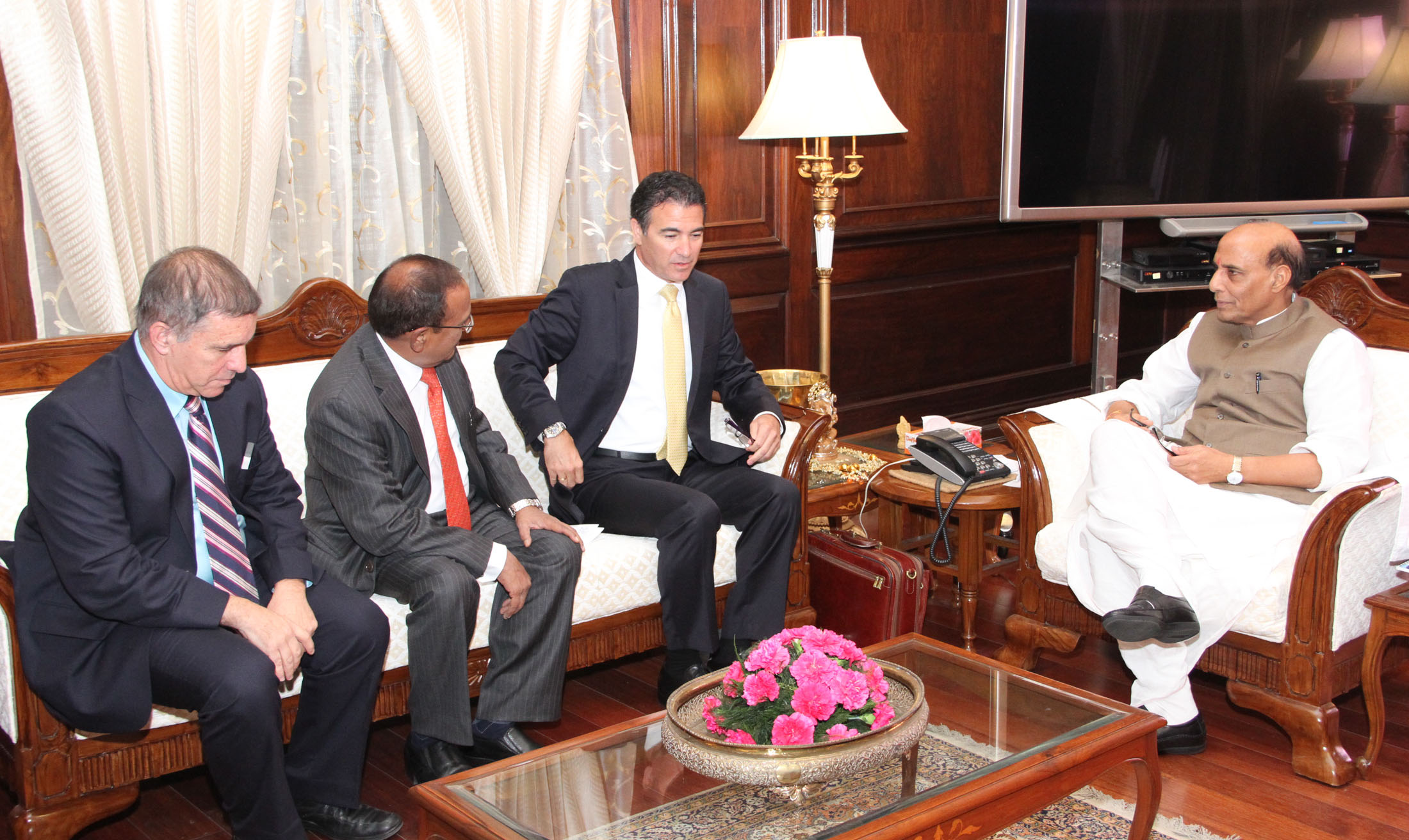 The Director General, National Security Council, Israel, Mr. Josef Kohim calling on the Union Home Minister, Shri Rajnath Singh, in New Delhi on October 21, 2014. 
The National Security Advisor, Shri Ajit Doval and the Israeli Ambassador to India, Mr. Dan